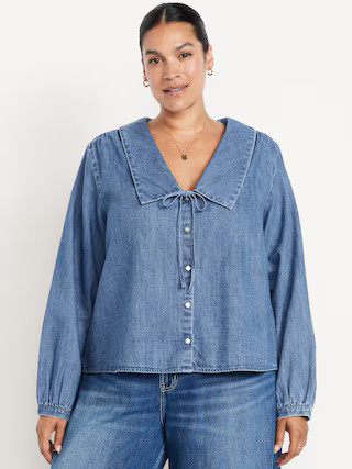 Long-Sleeve Button-Down Cropped Denim Shirt | Old Navy (US)