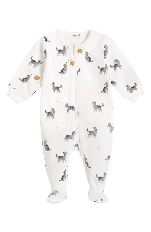 FIRSTS by Petit Lem Wolf Pup Fitted One-Piece Stretch Organic Cotton Pajamas in Off White at Nordstr | Nordstrom