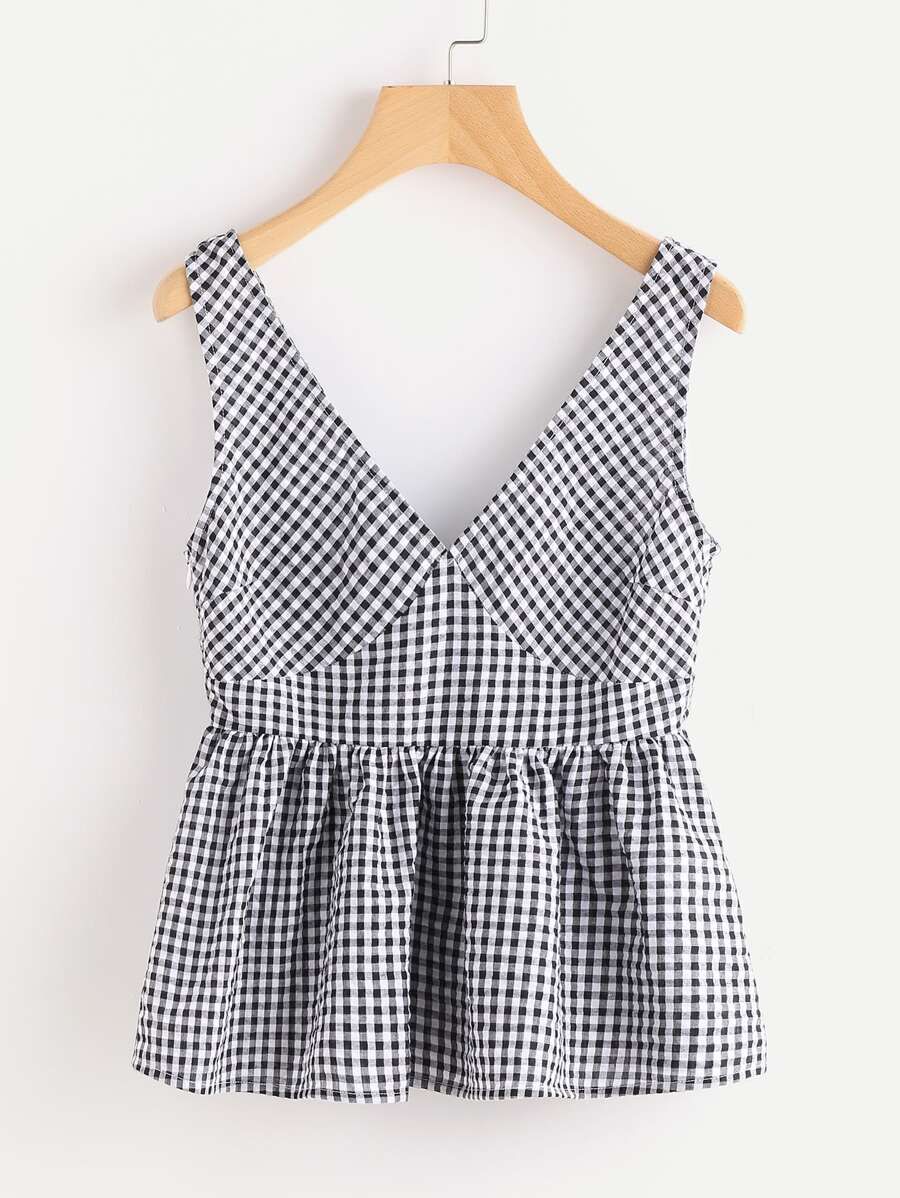 Double Plunge Neck Gingham Peplum Shell Top | SHEIN