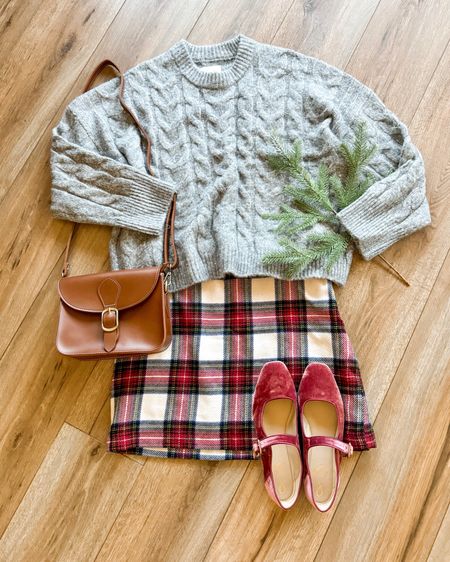 Christmas outfit. Plaid mini skirt. Christmas plaid skirt. Velvet Mary Jane flats. Gray Cable knit sweater. Holiday outfit. 

#LTKsalealert #LTKxPrime #LTKHoliday