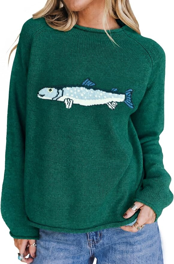 Tankaneo Womens Fish Graphic Oversized Sweaters Lightweight Knit Pullover | Amazon (US)