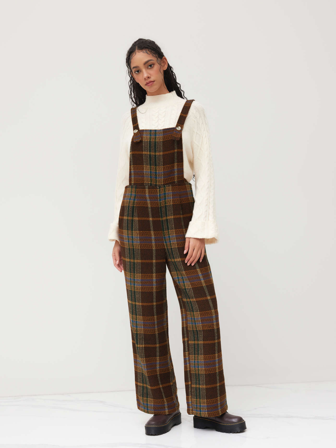 Preppy Countryside Core Tweed Tweed Plaid Button Up Wide Leg Jumpsuit For School Coffee Shop | Cider