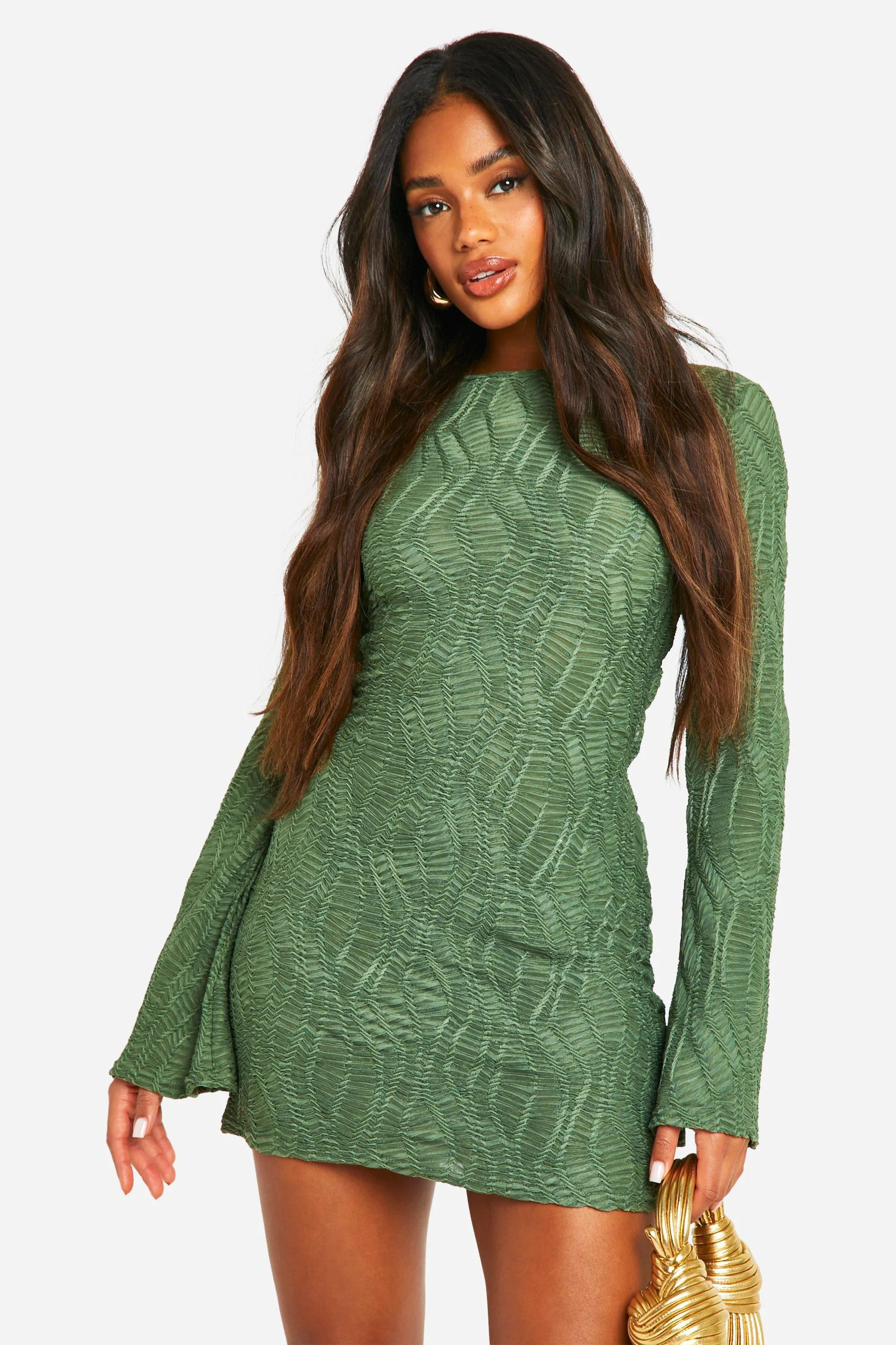 Dresses | Textured Flare Sleeve Mini Dress | boohoo | Boohoo.com (UK & IE)