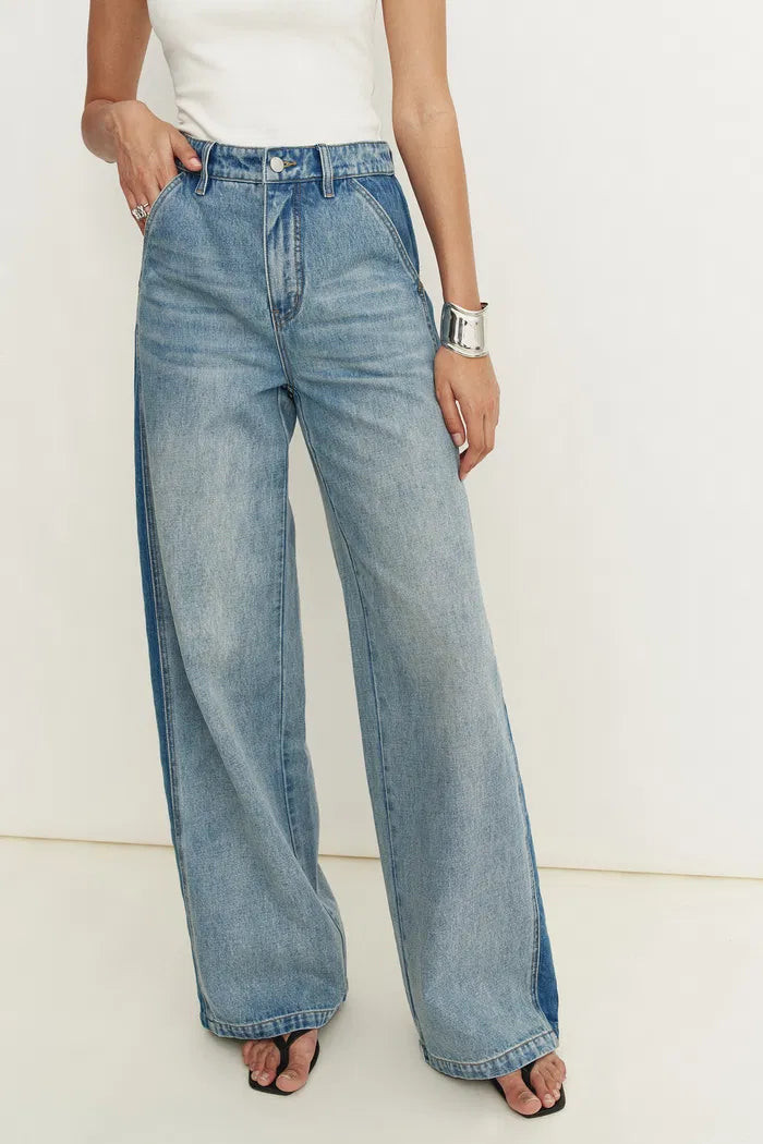 Clarisse Extended Two Tone Mixed Fabric Jeans in Cotton Denim | Fabrique