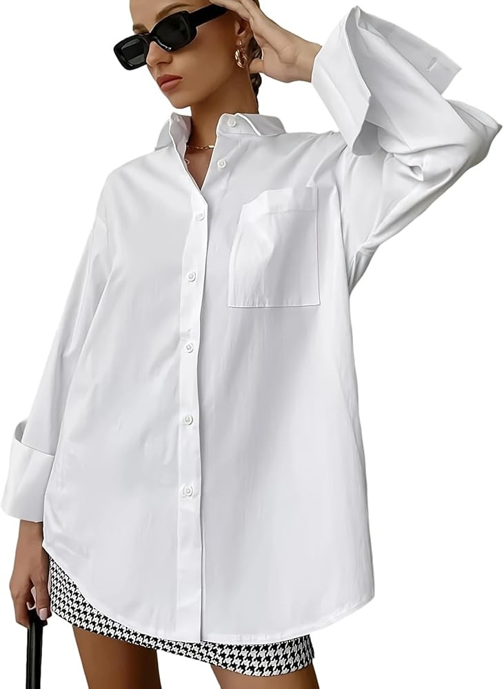 Women's Oversize Collar Button Down Long Sleeve Work Blouse Top | Amazon (US)