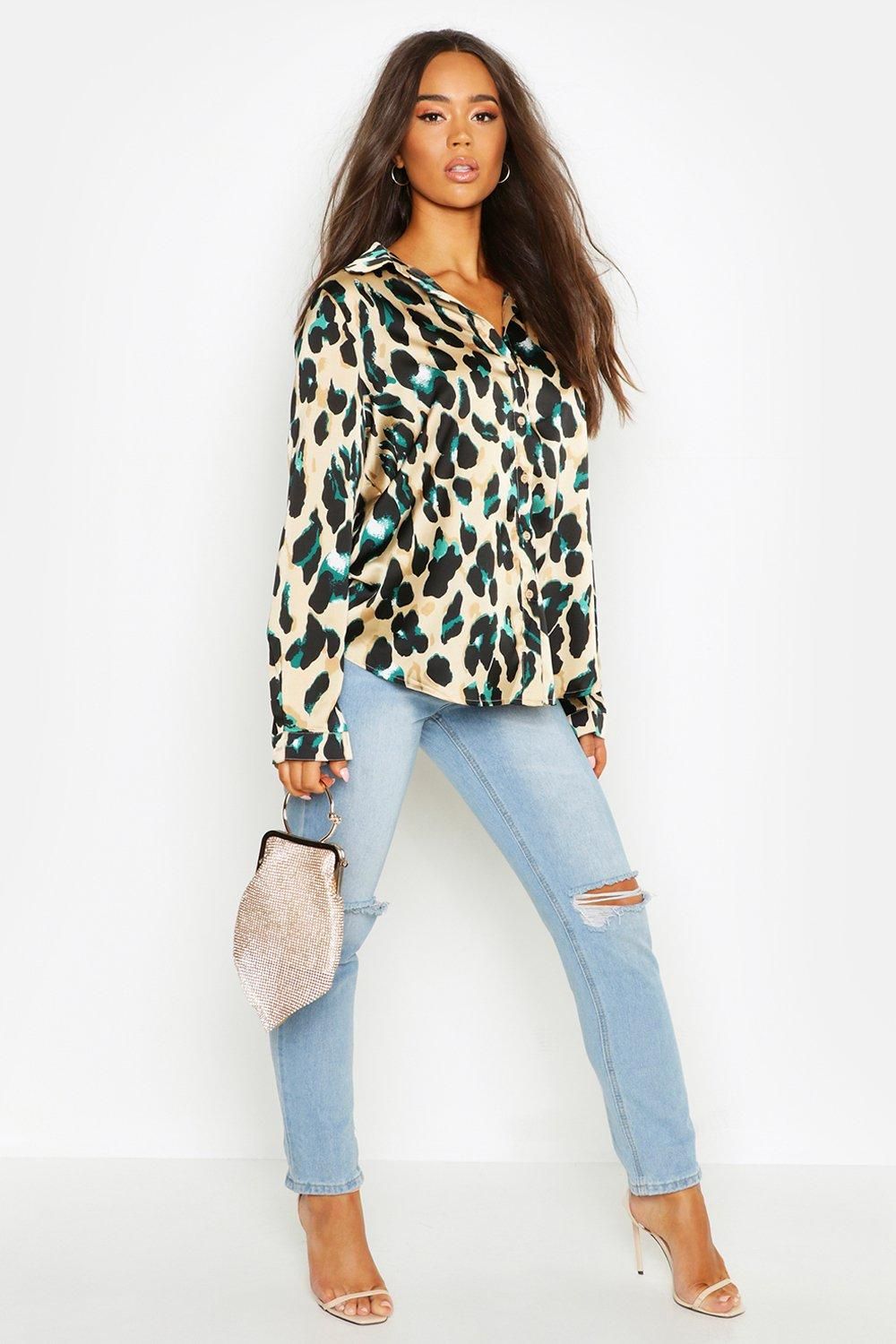 Womens Satin Leopard Shirt - Black - 10 | Boohoo.com (US & CA)