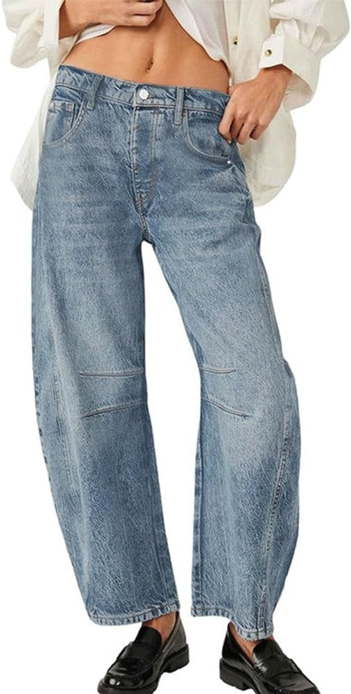 Women's Baggy Boyfriend Jeans Mid Rise Barrel Jeans Wide Leg Cropped Y2k Loose Horseshoe Pants wi... | Amazon (CA)