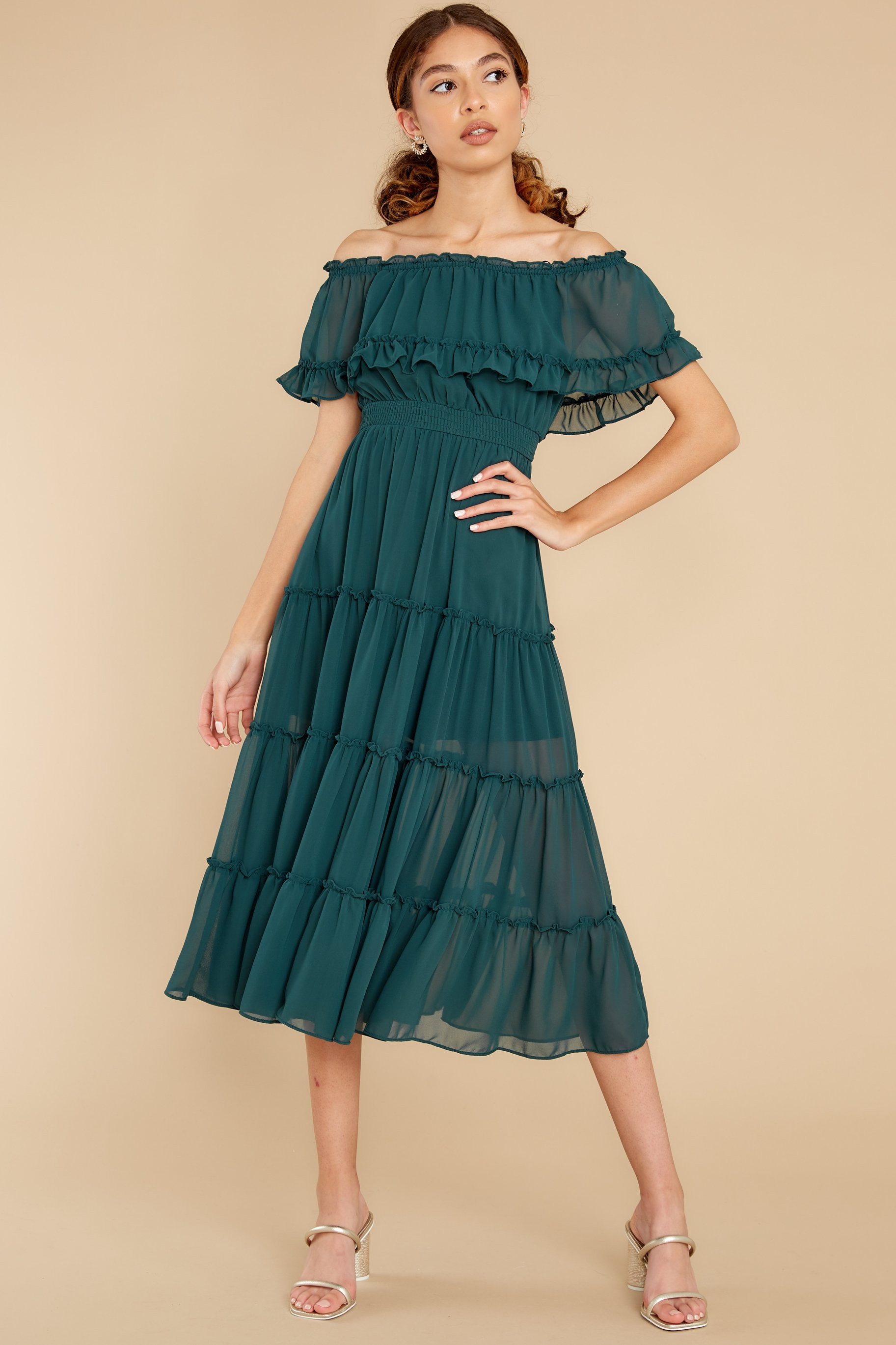 As She Goes Evergreen Off The Shoulder Midi Dress | Red Dress 