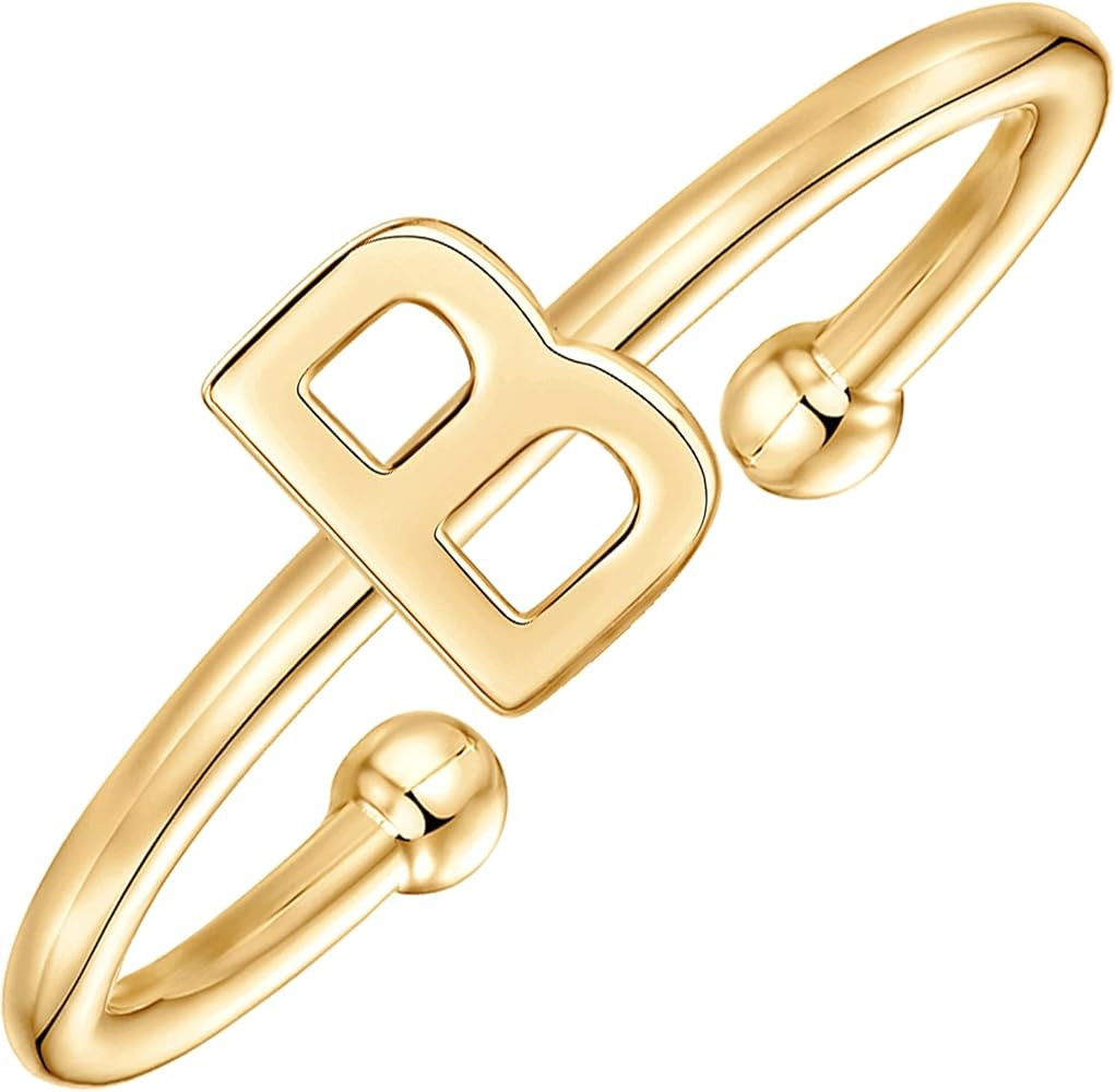 14K Gold Plated Initial Letter Adjustable Ring for Women - Thin Initial Band - Dainty Fashion Jew... | Amazon (US)