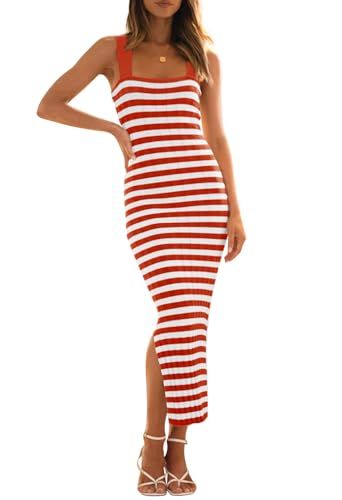 MEROKEETY Women's 2024 Summer Striped Knit Bodycon Midi Dress Square Neck Side Slit Tank Ribbed S... | Amazon (US)