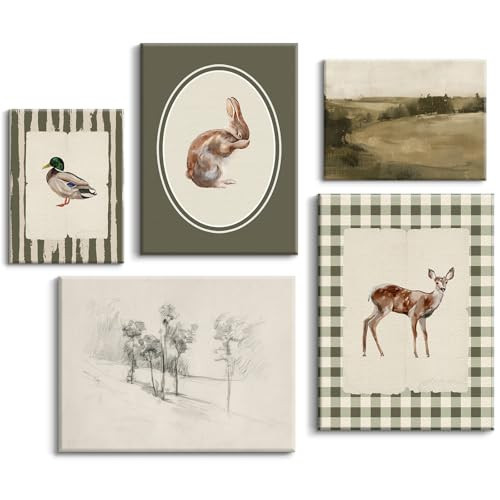 Vintage Nursery Wall Art Kids Canvas Poster Baby Boy Room Wall Decor Green Rabbit Wall Art Bunny Bird Prints Deer Picture Farmhouse Painting Nursery Artwork for Bedroom 12x16x5 Inch Ready to Hang | Amazon (US)
