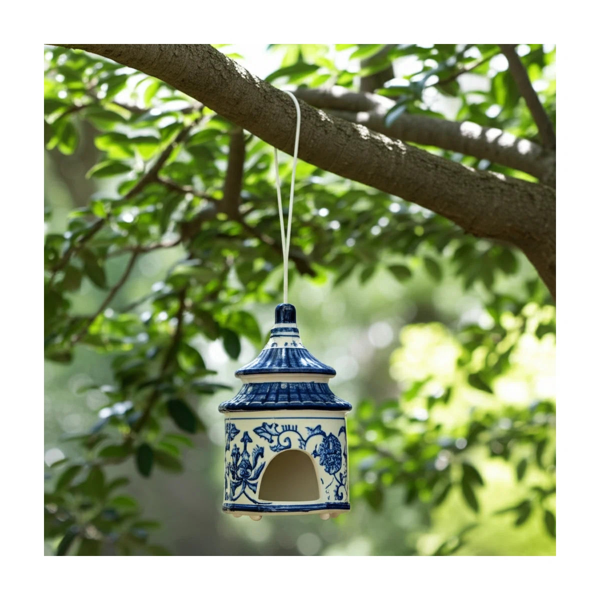 Bethony 8X4.5" Chinoiserie Pagoda Bird House, White/Blue | Wayfair North America