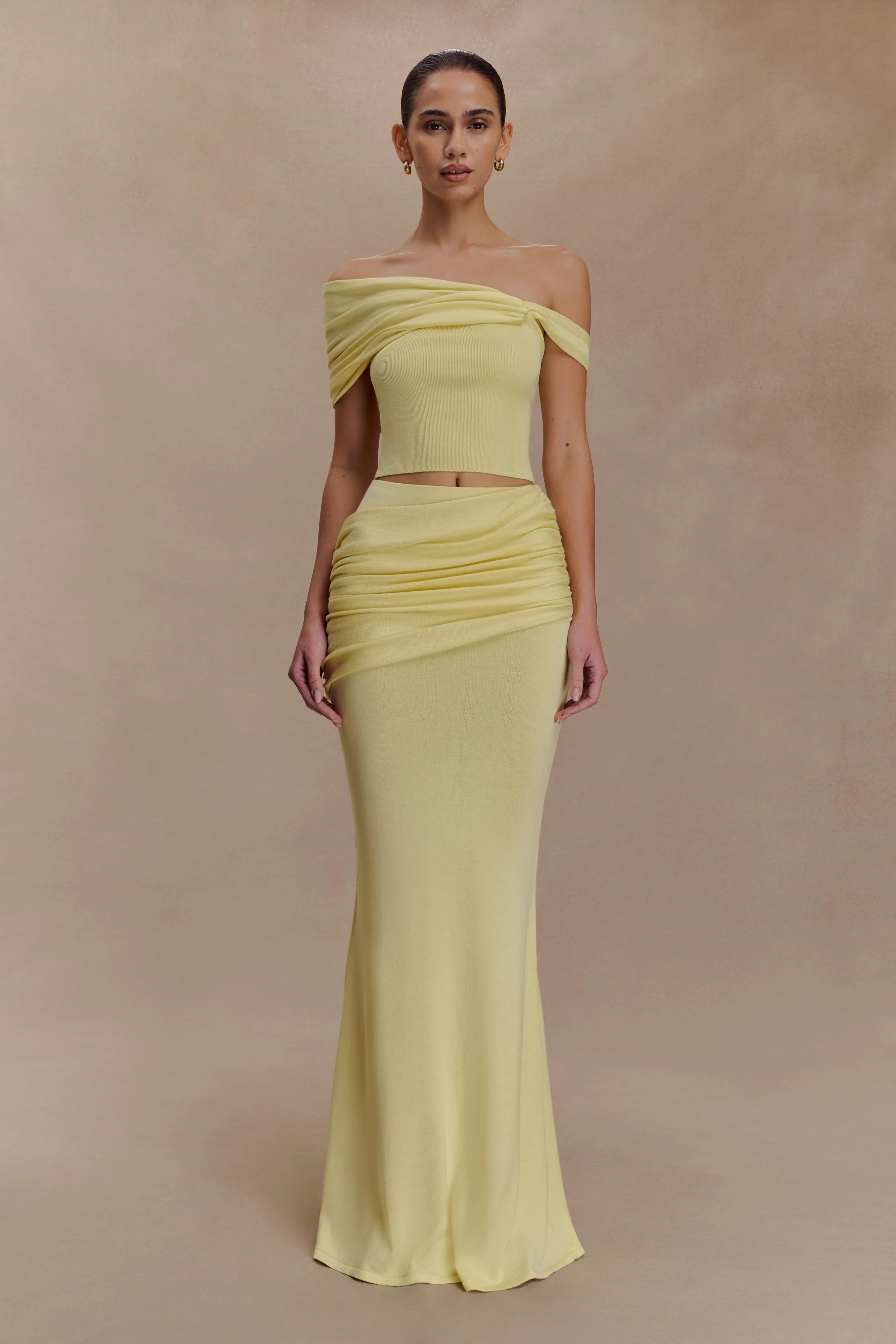 Irene Gathered Knit Maxi Skirt - Lemon | MESHKI US