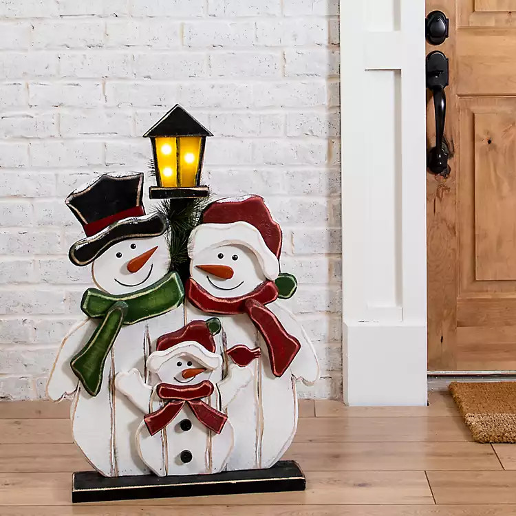 Wooden LED Light Post Snowman Family | Kirkland's Home