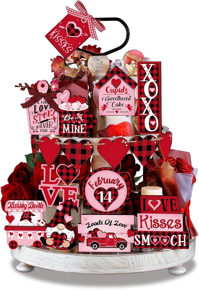 Ferraycle 20 Pcs Valentines Tiered Tray Decorations Set Farmhouse Plaid Gnome Heart Wooden Table ... | Amazon (US)