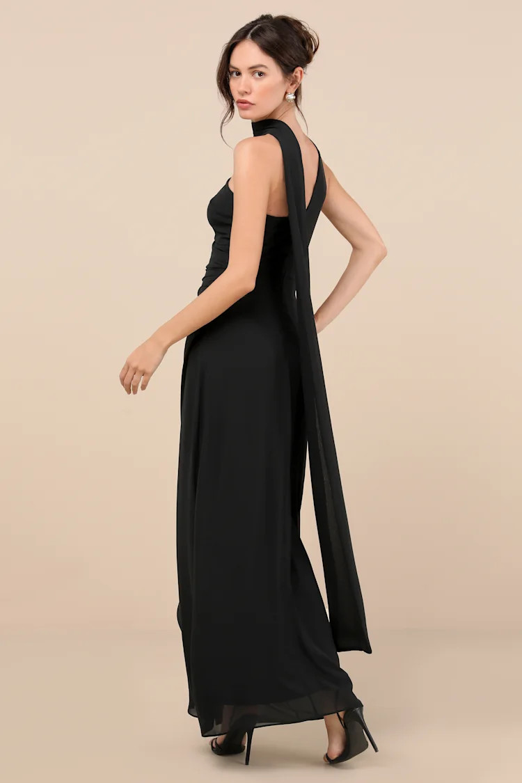 Adeline Black One-Shoulder Scarf Maxi Dress | Lulus