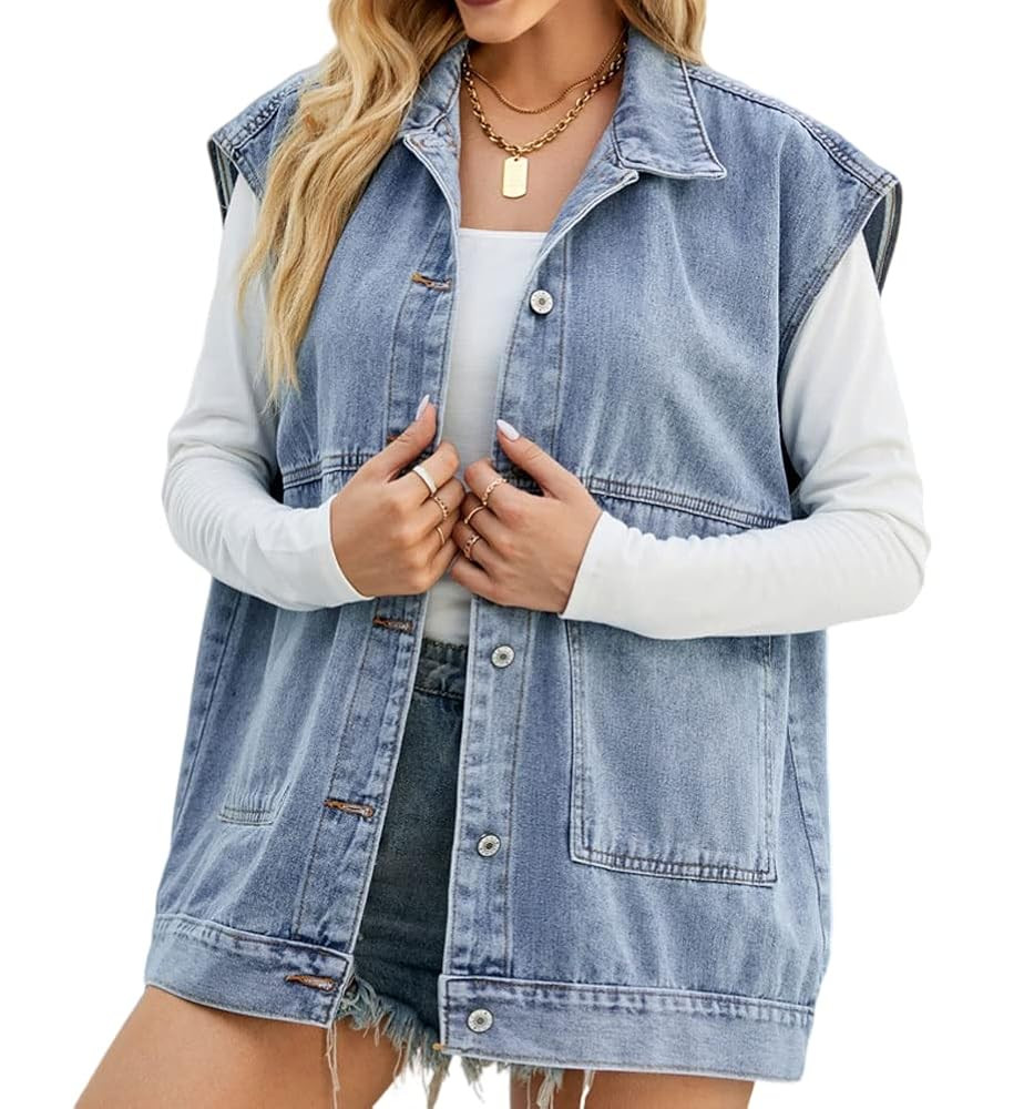 PAODIKUAI Women's Oversized Denim Vest Mid Long Jean Vest Sleeveless Jackets Distressed Vest Cott... | Amazon (US)