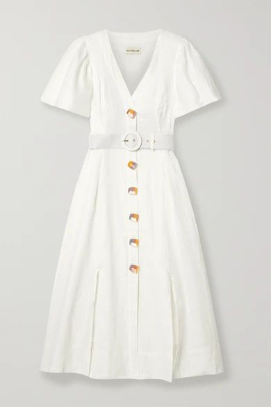 NICHOLAS - Troy Belted Linen Midi Dress - White | NET-A-PORTER (US)
