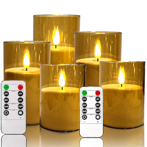 NICEME Amber Flickering Flameless Candles, Battery Operated Acrylic LED Pillar Candles with Remote Control and Timer Flameless Halloween Candles for Christmas New Year Home Decor, Set of 5 | Amazon (US)