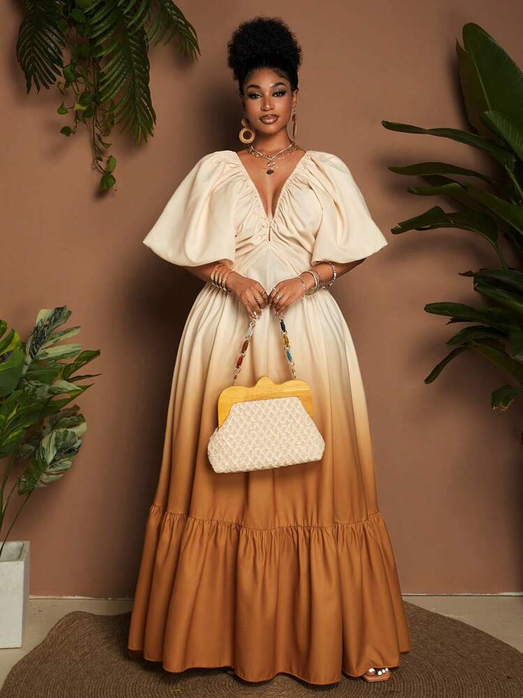 Maweii Plus Size Women Gradient Color Deep V-Neck Lantern Sleeve Elegant Dress,Sun Dress | SHEIN