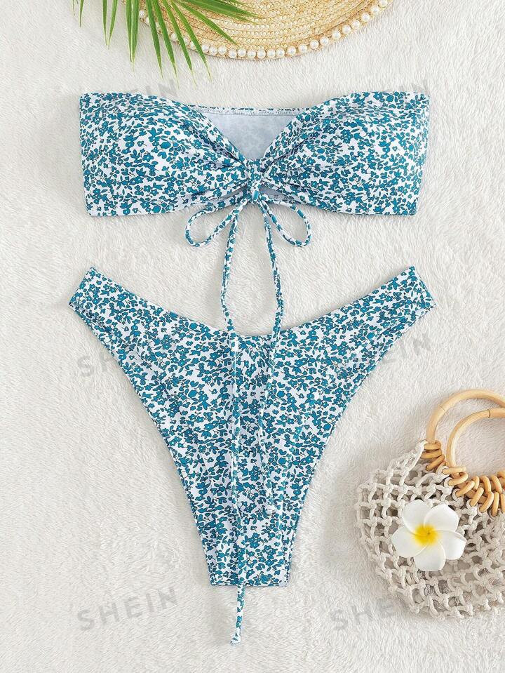 SHEIN Swim Mod Ditsy Floral Print Bandeau Bikini Swimsuit | SHEIN