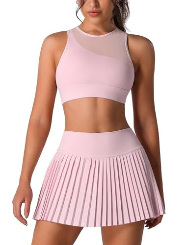 OMEWEE Two Piece Tennis Skirt Sets Outfits Single Shoulder Strap Tulle mesh top with High Waisted Pleated Skirt Sets Pink L | Amazon (US)