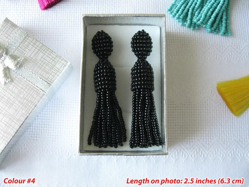 Black Tassel Earrings On Clips/Studs, Black Beaded Earrings, Long/Short Black Tassel, Tassel Blac... | Etsy (US)