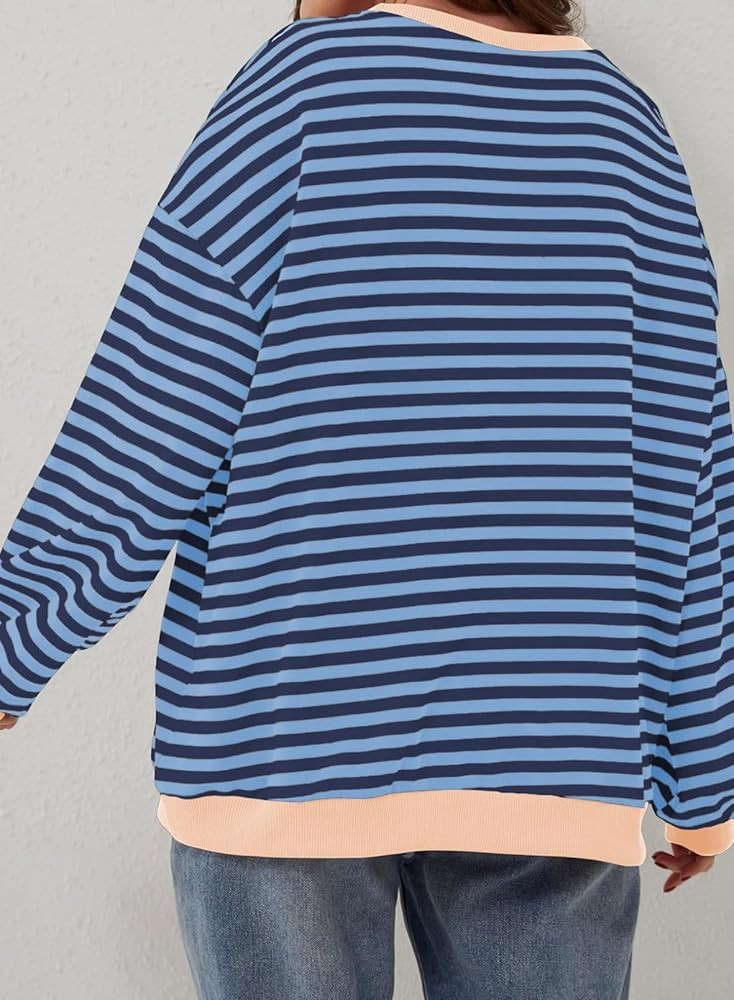 Eytino Women Plus Size Sweatshirt Striped Color Block Crew Neck Pullover Tops Long Sleeve Casual ... | Amazon (US)