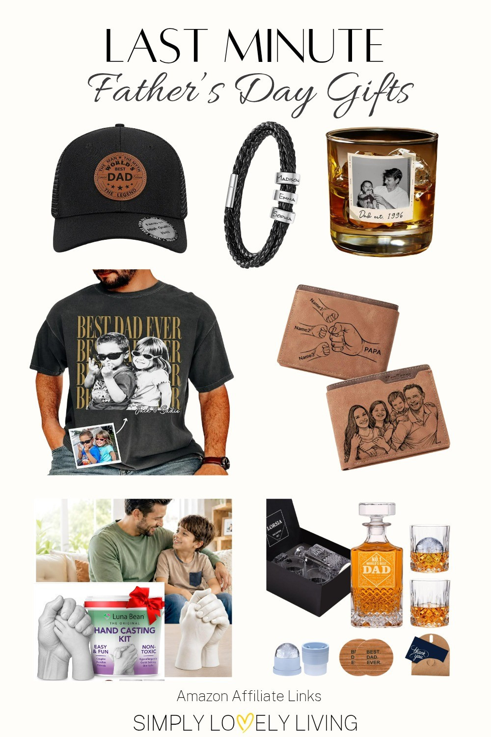 Last minute personalized Father's Day gift ideas from Amazon. Best Dad Ever Cap. Personalized Father's Day bracelet with kids' names. Dad est. Year whiskey glass. Personalized wallet for dad. Personalized best Dad ever shirt. Hand casting kit for father and son or father and daughter. Whiskey decanter No. 1 Dad. #fathersday #dad

#LTKMens