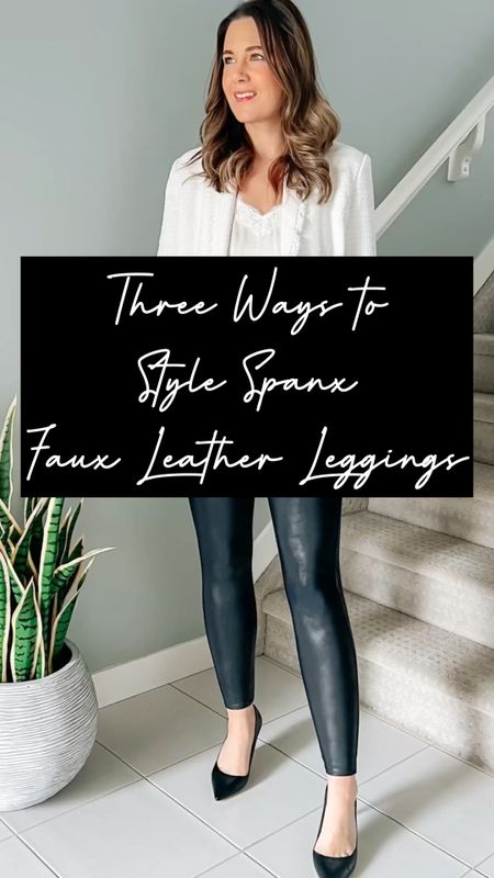 Three easy ways to style possibly the most popular pants ever - the @spanx faux leather leggings. These beauties are my most-worn pants because they feel so comfortable but can still look so polished when they need to! Check out how I style them casually or for the office, for errands, and how I dress them up. Comment “link” to get direct links to all these pieces!

#LTKstyletip #LTKunder50 #LTKunder100