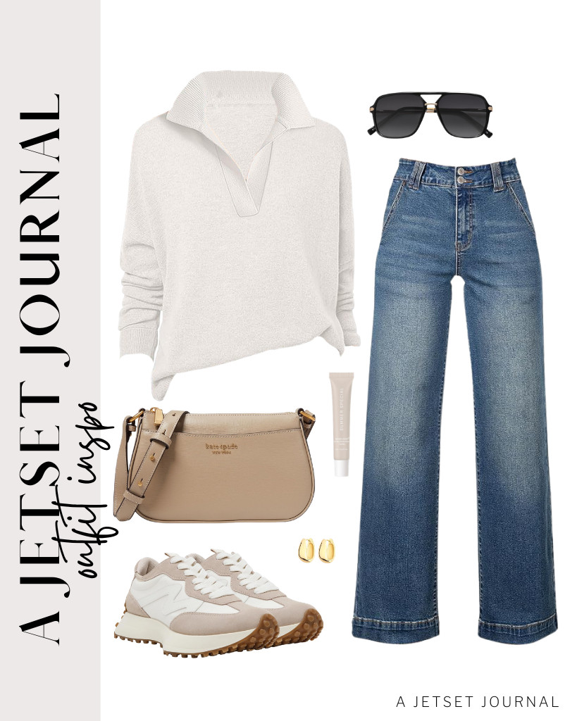 This white V-neck sweatshirt pairs beautifully with high-waisted jeans and these trendy shoes. A Kate Spade crossbody bag will complete the look. 

 #LTKSeasonal #LTKSaleAlert #LTKTravel