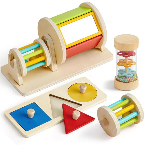Toyssa Wooden Montessori Toys for Babies 6-12 months with Rainbow Color and Mirror Spinning Drum/Baby Shape puzzle 6-12 months/Sensory Toys Rain Rattle, Montessori Toys Gifts for Toddlers 1 Years Old | Amazon (US)