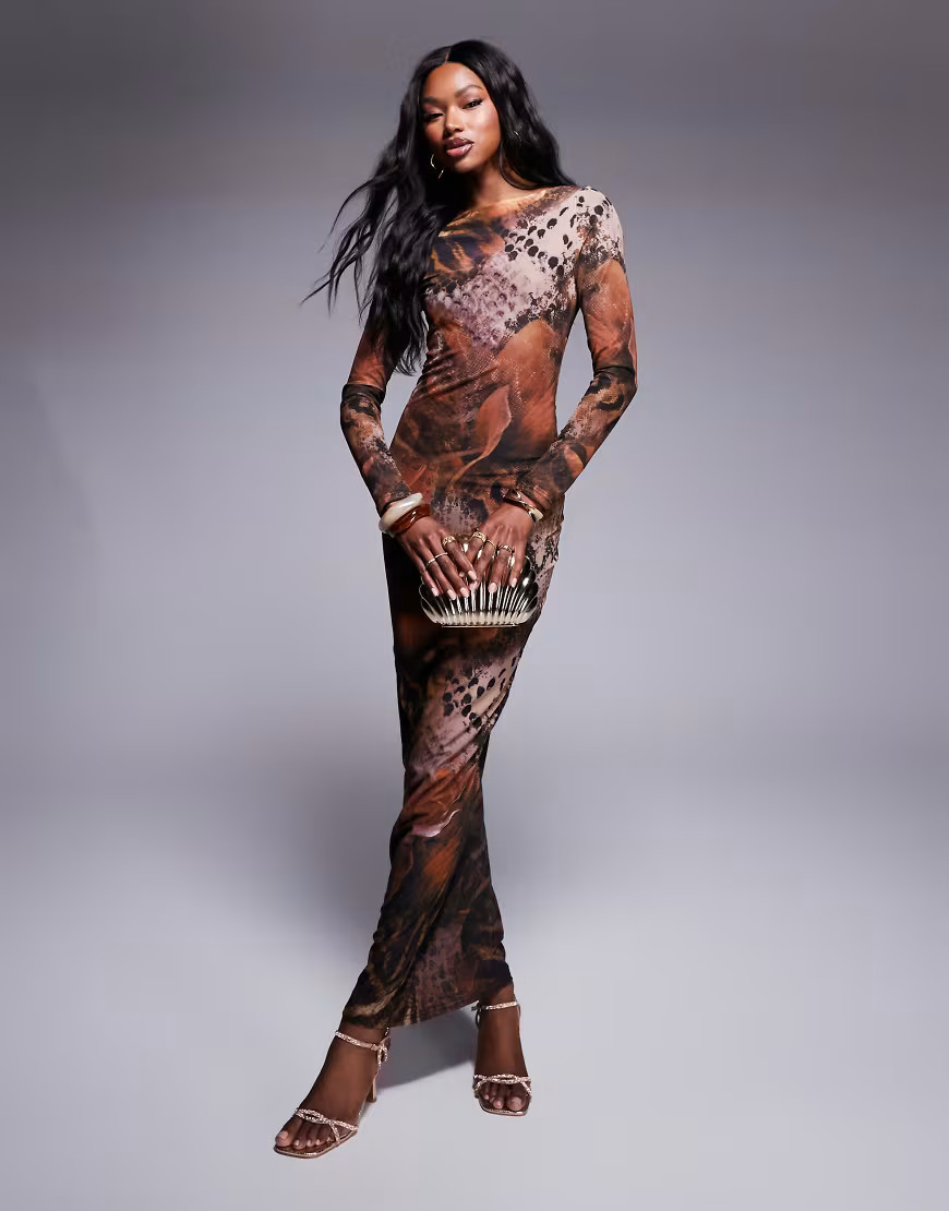 Murci mesh long sleeve maxi dress in brown snake print-Multi | ASOS (Global)