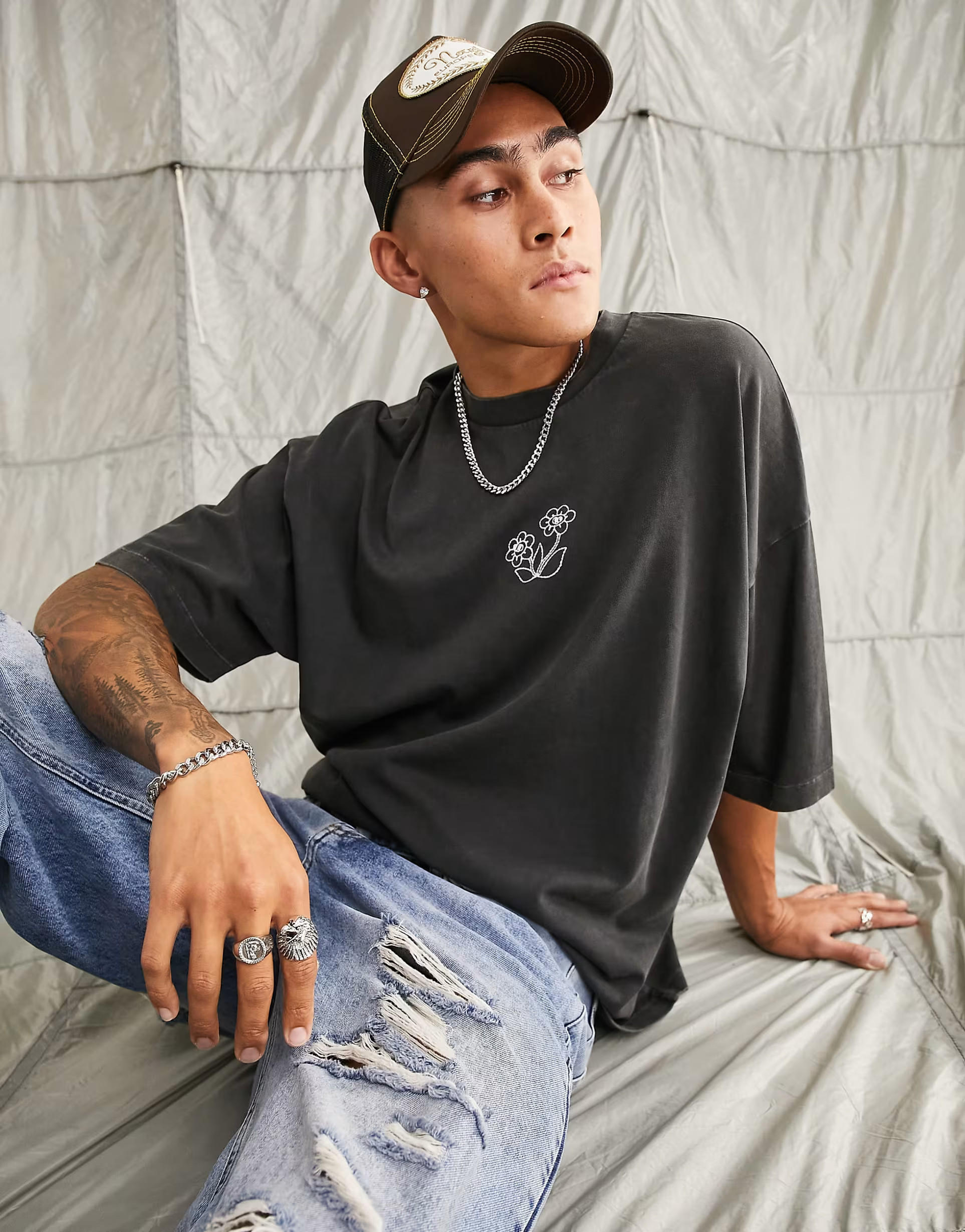 ASOS DESIGN oversized heavyweight t-shirt in washed black with flower embroidery | ASOS (Global)