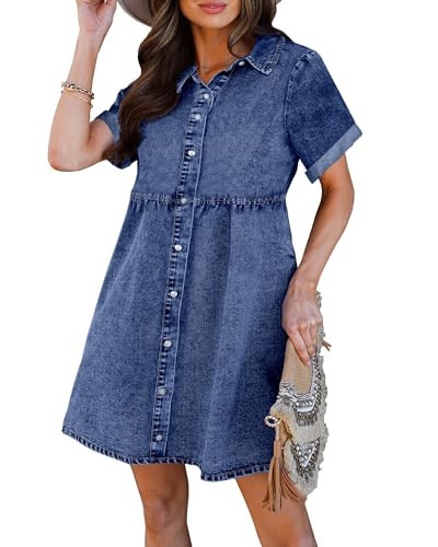 Luvamia Women Casual Denim Babydoll Dress - Short Sleeve Button Down Jean Dress in Wishful Blue - Size Small (4-6) | Amazon (US)