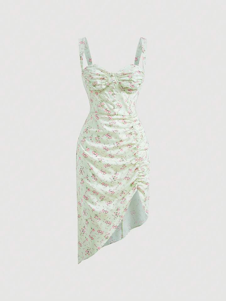 SHEIN MOD Ditsy Floral Print Ruched Asymmetrical Hem Cami Dress | SHEIN