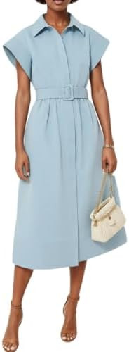 Womens 2025 Summer Short Sleeves Midi Dress Casual Button Down Long Dress with Belt | Amazon (US)