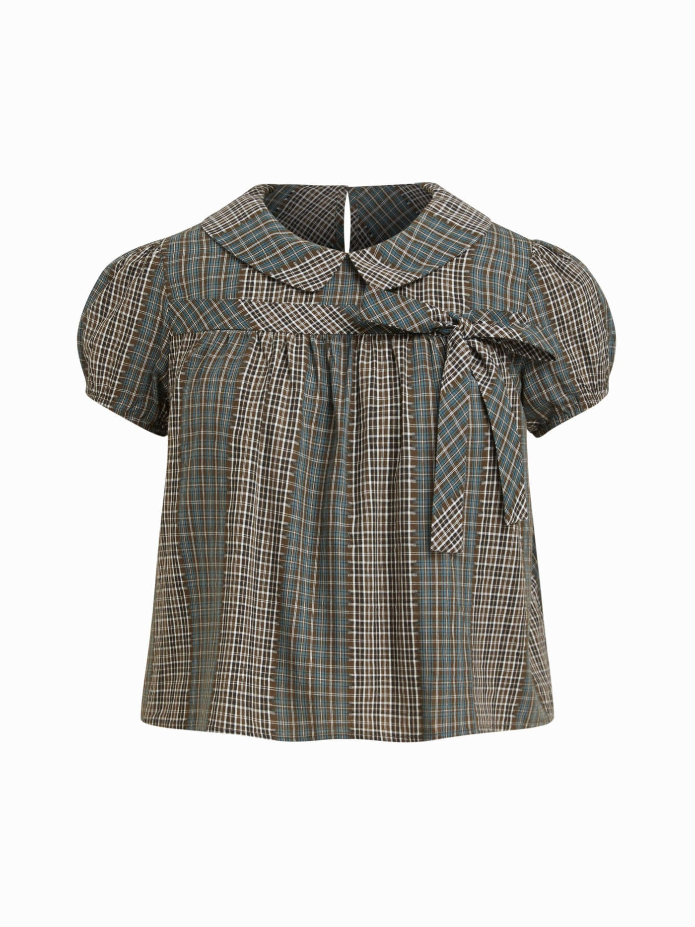 Woven 100% Cotton Peter Pan Collar Check Bowknot Oversized Blouse Curve & Plus For Daily Casual | Cider