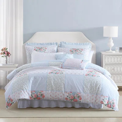 Laura Ashley Hope Patchwork Blue Cotton Reversible Comforter Set | Wayfair North America