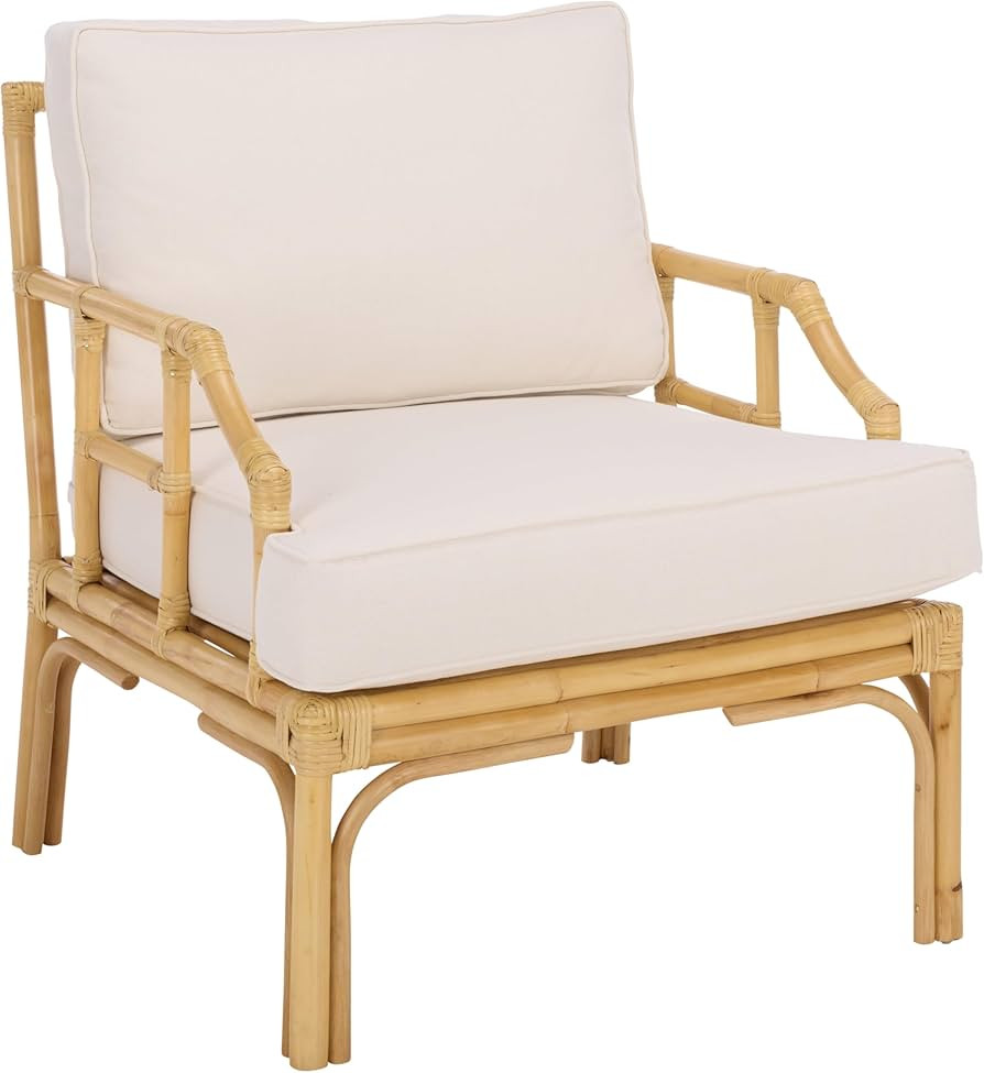 SAFAVIEH Furniture - Kazumi Accent Chair - Coastal Design White Cushion & Natural Rattan - Fully ... | Amazon (US)