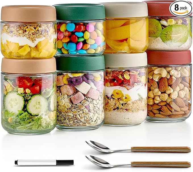 8 Pack Overnight Oats Containers with Lids, Large & Small Glass Mason Jars 16oz & 10 oz, Breakfas... | Amazon (US)