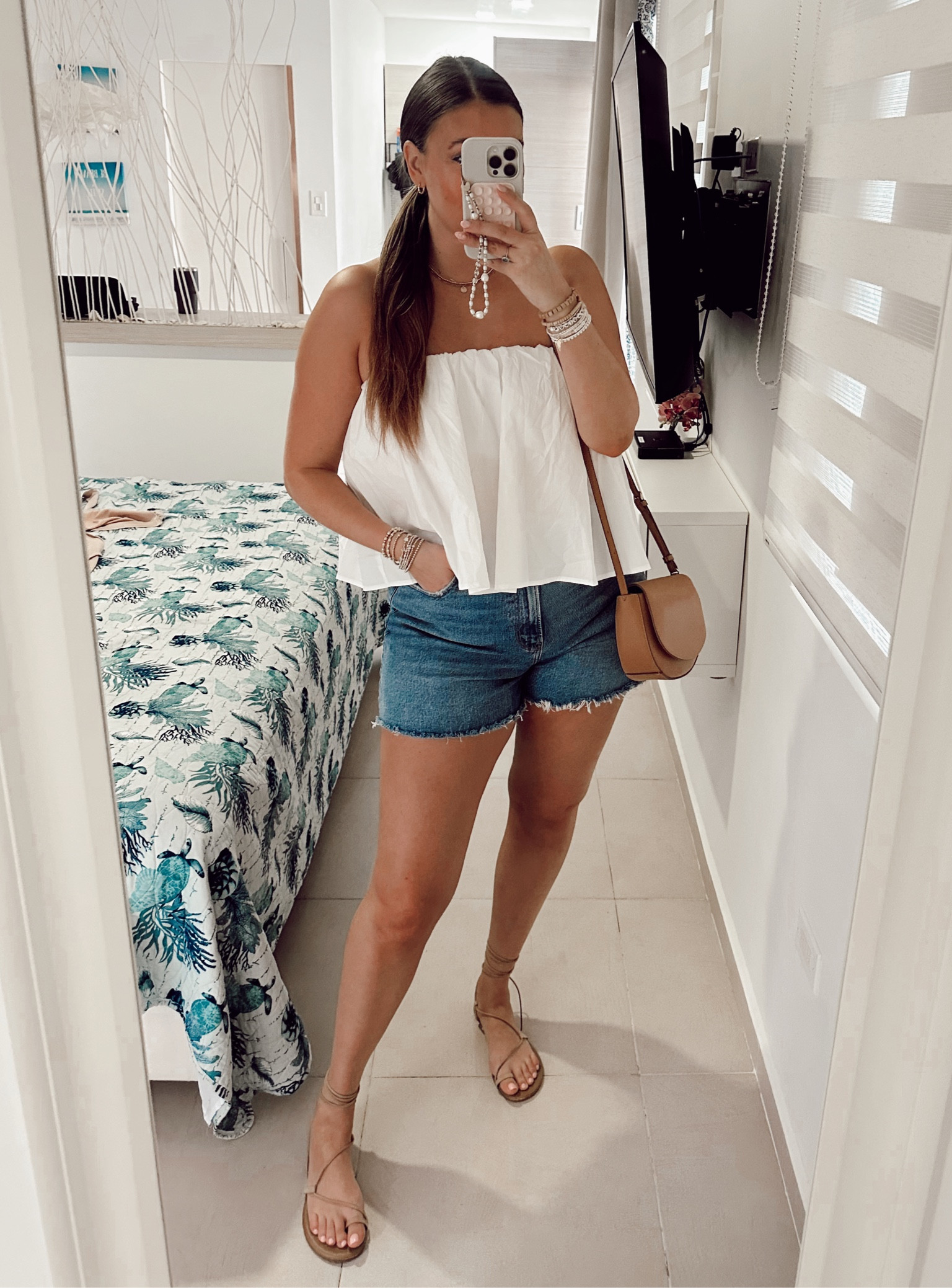Resort wear, vacation outfit, bachelorette bride. Strapless top - tts L/12. Sandals tts 9. Denim shorts size up! In a 33/16 (tts 14/32) 

#LTKstyletip #LTKtravel #LTKshoecrush