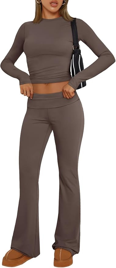 Trendy Queen Lounge Sets For Women 2 Piece Pajama Outfits Long Sleeve Shirts and Fold Over Yoga P... | Amazon (US)