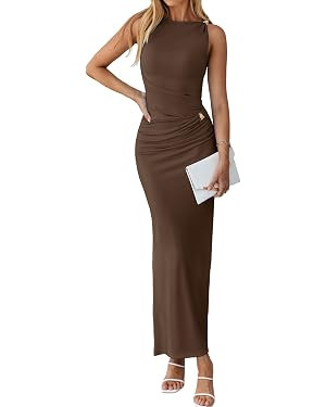 Simplee Womens Summer Bodycon Maxi Dress Ruched Sleeveless Elegant Ribbed Wedding Guest Cocktail ... | Amazon (US)