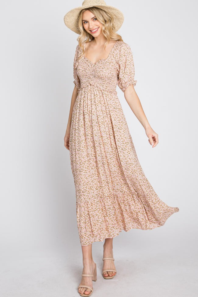 Pink Floral Sweetheart Neck Midi Dress | PinkBlush Maternity