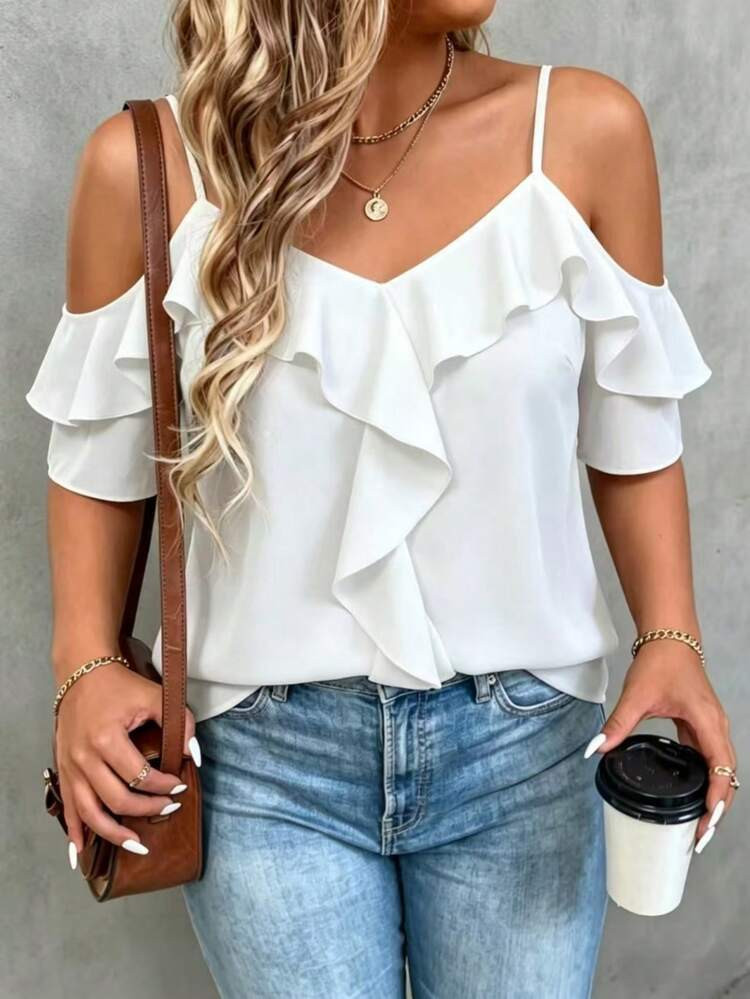 SHEIN LUNE CURVE Plus Size Black Cold Shoulder Ruffle Top - Sexy Spaghetti Strap V-Neck Ruffle Tr... | SHEIN
