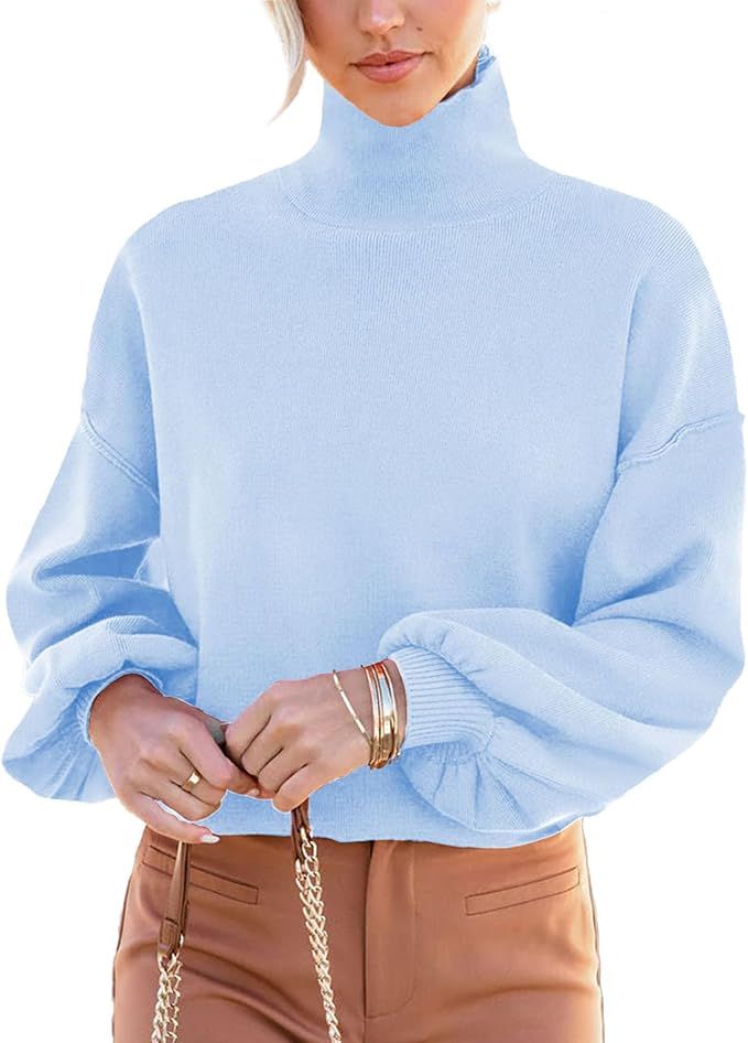 Womens Sweaters 2023 Long Sleeve Turtleneck Sweatshirt Casual Loose Knitted Pullover Tops | Amazon (US)