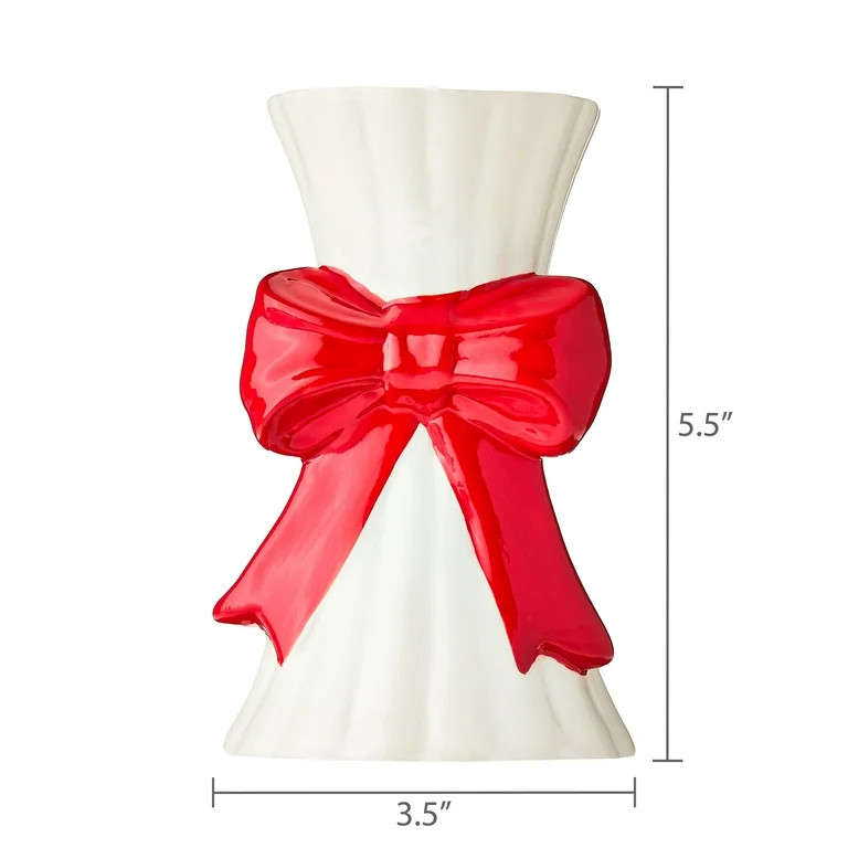 White Ceramic Christmas Taper Candle Holder with Bow, 5.5", by Holiday Time | Walmart (US)