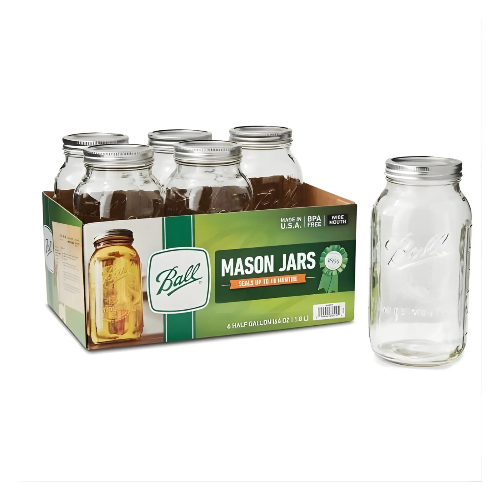 Ball Glass Mason Jars with Lids and Bands - Wide Mouth - 64 oz. Half Gallon - 6 Count one_size in Clear | 68100ZFP | Lowe's