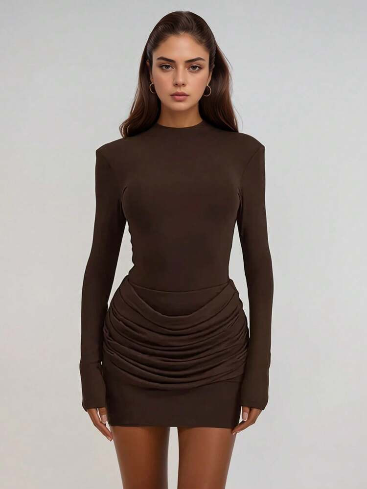 Fashionable And Elegant Women's Long Sleeve Crew Neck Short Knit Dress, Suitable For Parties And Cocktail Events | SHEIN